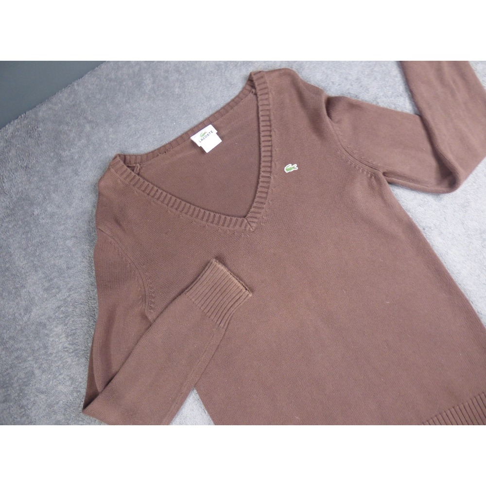 Lacoste Brown V-Neck Cotton Knit Sweater Size 44 Long Sleeve Logo Pullover
